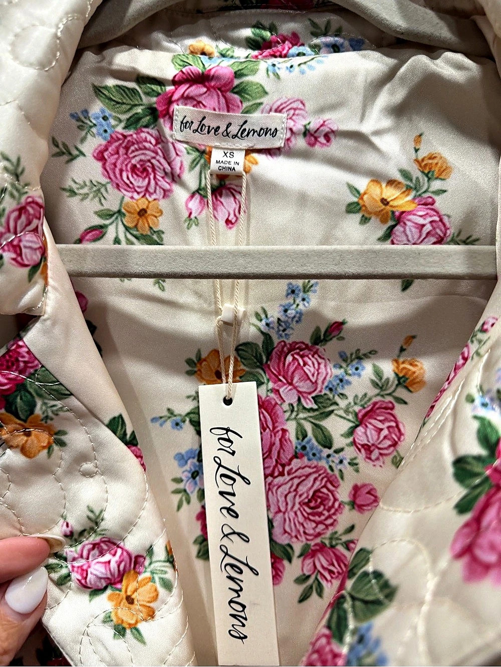 For Love & Lemons Amandine Belted Coat Floral Quilted Cream & Pink XS - Picture 7 of 7